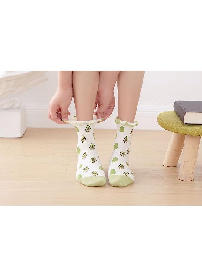 CLENEA Women's Crew Socks, Funny Novelty Ruffle Socks, Multicolor Fruit Patterned Cotton Dress Socks, Soft Breathable Mid-Calf Socks for Women and Girls - Image 2